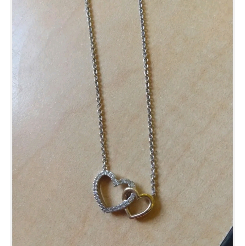 Diamond Double Heart Necklace 1/6 ct tw round cut Sterling Silver 10K YellowGold - Picture 2 of 2